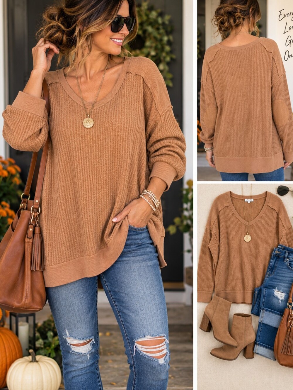 HEYSON Rust Waffle Knit V-Neck Oversized Pullover Top Size 1XL